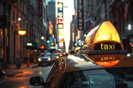 A bright yellow taxi cab sits at the edge of a bustling street in the city, capturing the vibrant reflections of neon lights. Generative AIの素材
