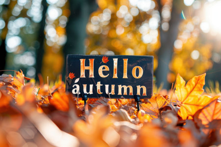 A small sign reading Hello Autumn stands amidst a carpet of vibrant orange and yellow leaves. Generative AIの素材