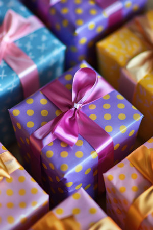A collection of beautifully wrapped gifts in various colors and patterns is arranged attractively. Generative AIの素材