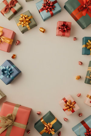 A variety of beautifully wrapped gifts of different sizes and colors are arranged in a circular pattern on a soft surface. Generative AIの素材