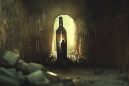 A lone figure of a man stands inside an enormous bottle in a dimly lit tunnel. Generative AIの素材