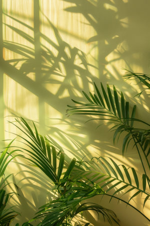 Sunlight filters through sheer curtains, creating a warm ambiance as it highlights vibrant green leaves. Generative AIの素材