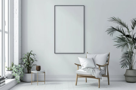 A cozy living space showcases a stylish armchair with cushions beside a small table and mockup poster on the wall. Generative AIの素材