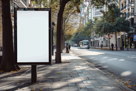 A bill blankboard advertisement stands on a city street with a bus driving in the distance and people walking on the sidewalk. Generative AIの素材