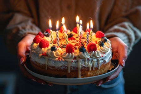 A person is holding a birthday cake with lit candles and white frosting decorated with red raspberries and blue blueberries. Generative AIの素材