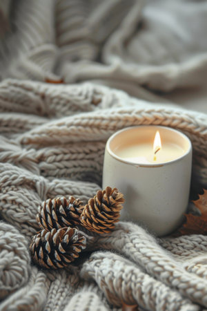 A white candle is lit and nestled in a cozy knit blanket. Generative AIの素材