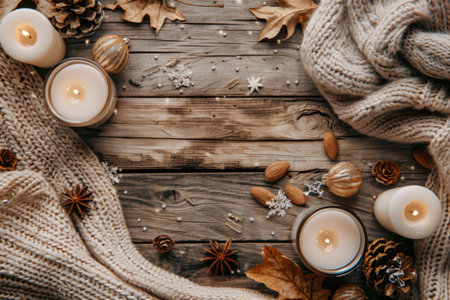 A cozy winter scene with a knitted blanket, burning candles, pine cones, and other rustic decorations on a wooden table. Generative AIの素材