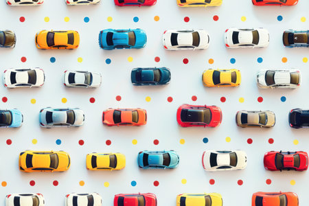 An overhead view of a collection of toy cars arranged on a white surface. Generative AIの素材