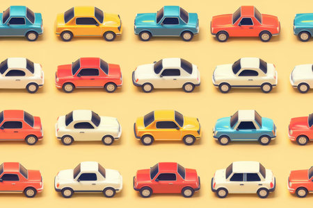 A seamless pattern of small toy cars arranged in rows, alternating colors of blue, yellow, red, and white.の素材