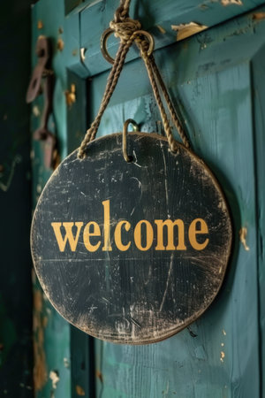 A rustic welcome sign crafted from wood hangs from a door, displaying the word welcome in bold letters. Generative AIの素材