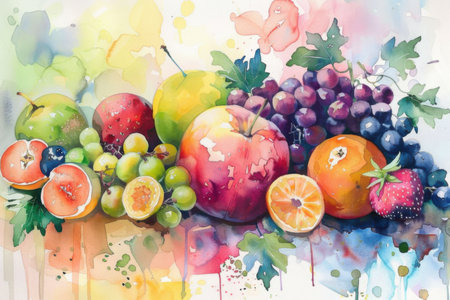 This watercolor painting depicts a still life of a fruit bowl overflowing with various fruits.の素材