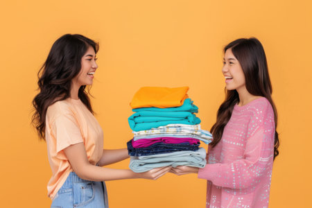 Two women, both with long dark hair, stand in front of a solid yellow background. Generative AIの素材