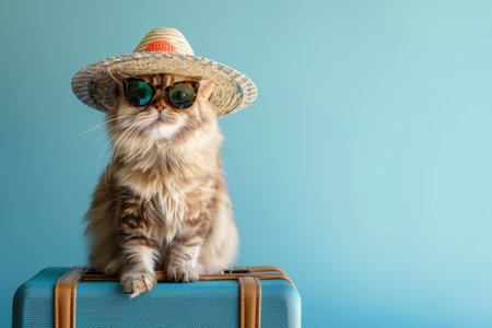 A fluffy cat sits on a vintage blue suitcase, ready for a vacation. Generative AIの素材