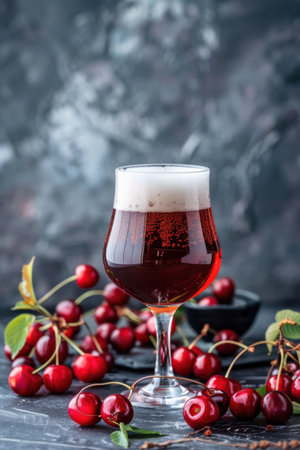 A glass of cherry beer with a thick head of foam sits on a gray table surrounded by fresh red cherries. Generative AIの素材