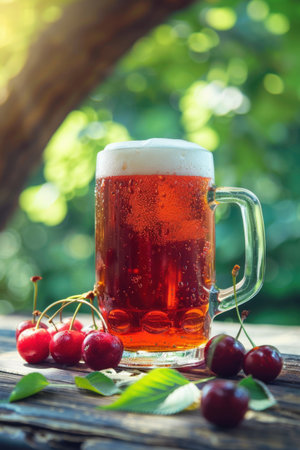 A cold glass of cherry beer with a frothy top sits on a wooden table. Generative AIの素材