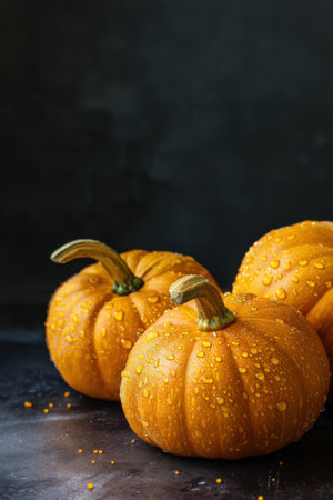 Bright orange pumpkins glisten with droplets of water, showing their smooth surfaces. Generative AIの素材