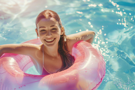 A cheerful young woman smiles brightly while relaxing in a swimming pool on a sunny day, comfortably nestled in a pink inflatable ring. Generative AIの素材