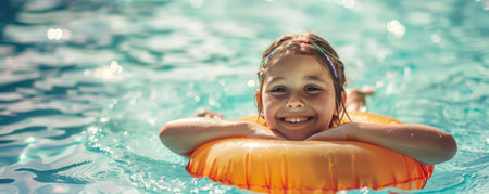A cheerful young child relaxes in a shimmering pool, supporting herself on an orange float. Generative AIの素材