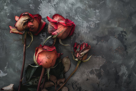 A cluster of wilted pink roses with hints of cream rests delicately against a textured gray background. Generative AIの素材