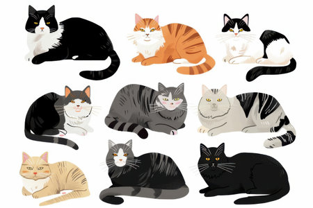 A vibrant assortment of illustrated cats is displayed, showing various breeds and colors. Generative AIの素材