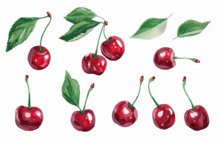 A collection of ripe red cherries is showcased, each featuring glossy skin and vibrant green leaves. Generative AIの素材