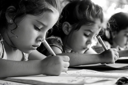 A group of young children is focused on their drawing and writing activities at an outdoor classroom. Generative AIの素材