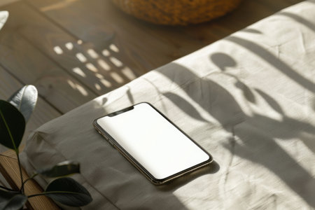 A smartphone lies on a soft linen fabric in a bright indoor environment, illuminated by sunlight. Generative AIの素材