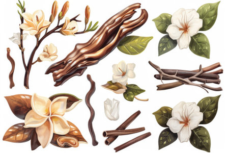 Detailed botanical illustration set of vanilla flowers, delicate branches, and vanilla beans on white background. Generative AIの素材