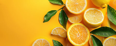 Fresh lemons and golden lemon slices are beautifully arranged on a vivid yellow background, accompanied by green leaves. Generative AIの素材