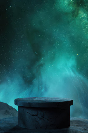 A vibrant display of northern lights dances across the night sky. Dark circular platform rests on a flat surface. Generative AIの素材