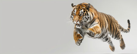 A powerful tiger is captured mid-leap, showing its strength and agility. Generative AIの素材