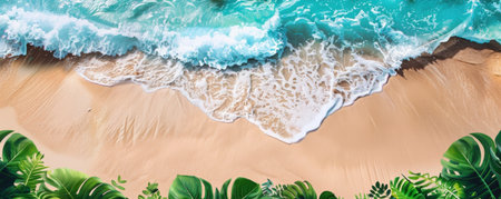 A breathtaking view of a tropical beach where gentle waves crash onto the sandy shore. Generative AIの素材