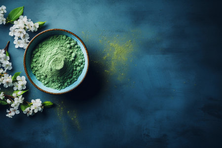 Matcha tea powder on the table on dark blue background with copy space. AI generated.の素材