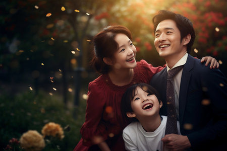 A happy Asian family of three poses for a portrait in a garden setting. Generative AIの素材