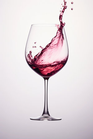 Glass of splashing red wine isolated on light background. AI generated.の素材