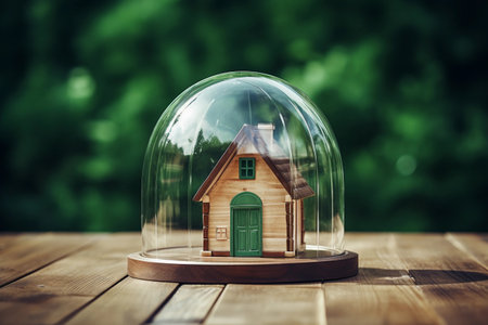 Small wooden house under glass dome on green background. Concept of protection, insurance and safety. AI generated.の素材