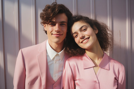 Smiling young couple, man and woman wearing pink clothes. AI generated.の素材