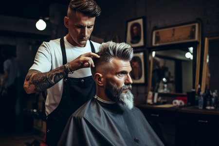 A barber with a tattoo on his arm gives a haircut to a man with a gray beard in a barber shop. Generative AIの素材