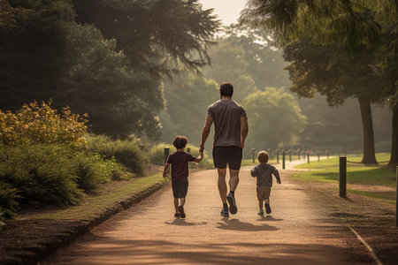 A father and his two sons are walking along a path in a park on a sunny day. Generative AIの素材