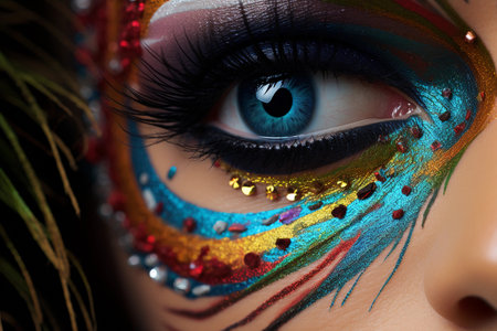 A close-up of a womans eye with colorful carnival makeup. Generative AIの素材