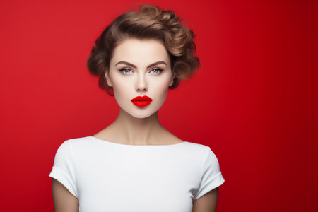 Beautiful young woman with styled hair and make up with red lipstick on red background, copy space. AI generated.の素材