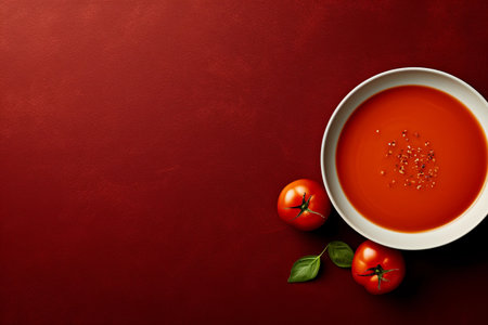 Bowl of tomato soup on red background, fresh tomatoes and basil, top view, copy space. AI generated.の素材