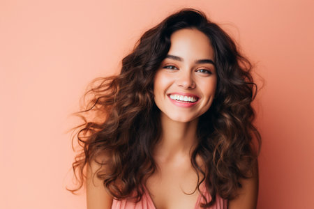 Young woman with long, curly brown hair smiling brightly at the camera. Generative AIの素材