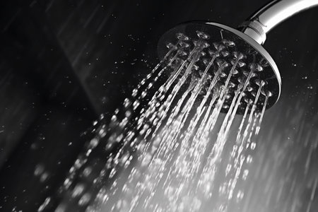 Water flowing from the shower head in dark bathroom, close up view. AI generated.の素材