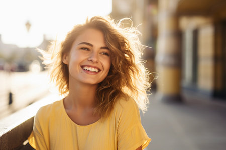 A young woman with curly blonde hair smiles brightly at the camera as she walks along a city street. Generative AIの素材