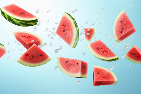 Watermelon slices falling through the air against a light blue background. Generative AIの素材
