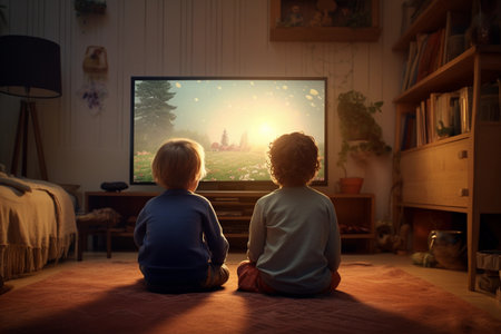 Two children sitting on the floor in front of a television screen, watching tv. Generative AIの素材