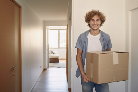 A young man with curly hair smiles as he carries a large cardboard box through the entryway of his new apartment. Generative AIの素材