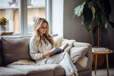 Young woman with long blonde hair sits on a light gray couch near a window, reading a book. Generative AIの素材