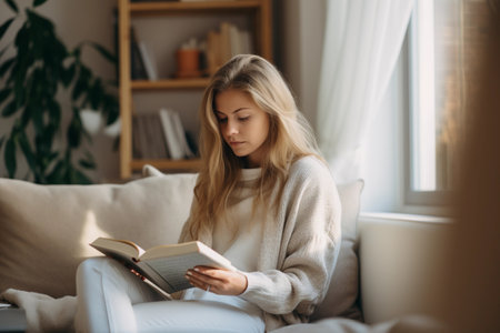 Young woman with long blonde hair sits on a light gray couch near a window, reading a book. Generative AIの素材